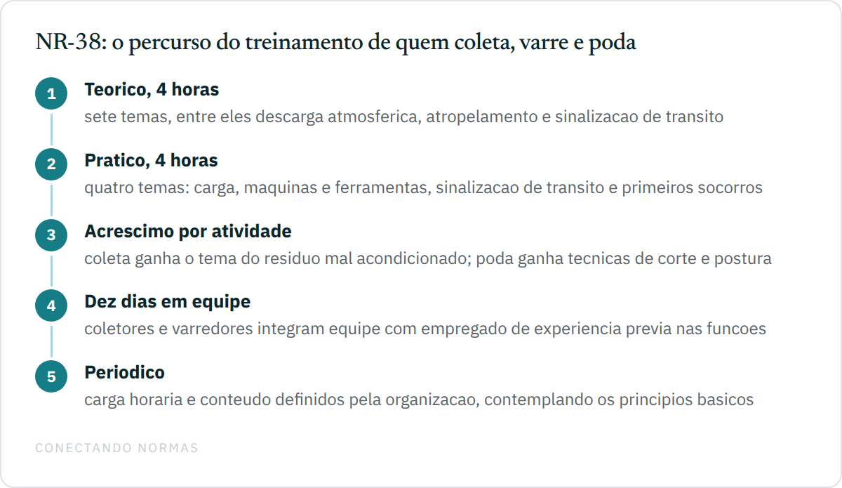 Fluxo em cinco passos do treinamento da NR-38: quatro horas de conteúdo teórico com sete temas, quatro horas de conteúdo prático com quatro temas, acréscimo de conteúdo específico para coleta ou para poda de árvores, dez dias iniciais integrando equipe com trabalhador experiente, e treinamento periódico com carga horária e conteúdo definidos pela organização.